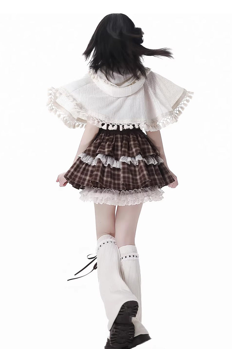 Brown Double-Layer Printed Ruffled Spliced Lace Sweet Skirt - Warm Summer Days