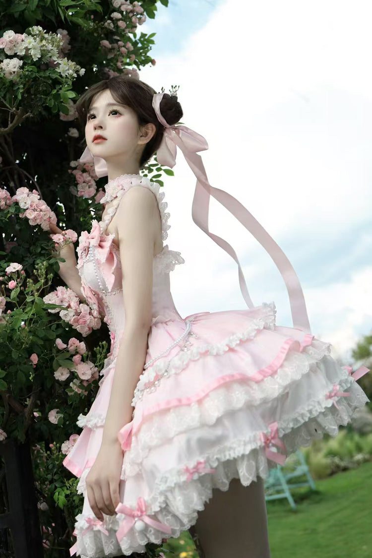 Pink Prelude of Spring Cherry Square Collar Sleeveless Jacquard Lace JSK