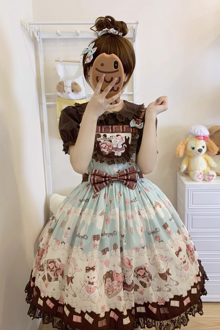 Chocolate Rosette Cat Printed Bow Stitching Lace Sweet Lolita JSK Dress
