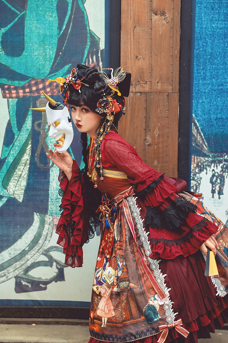 Multi-Color Nightmare Print Japanese Bow Ruffle Jsk Dress