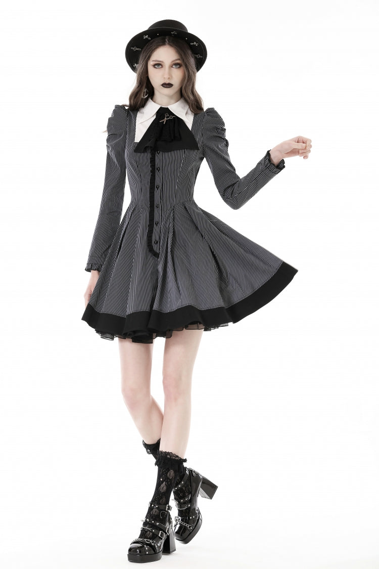 Lapel Collar Long Puff Sleeves Striped Preppy Gothic Dress