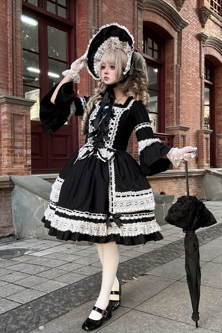 Black Trumpet Sleeve Gothic Dress with Lace and Bow