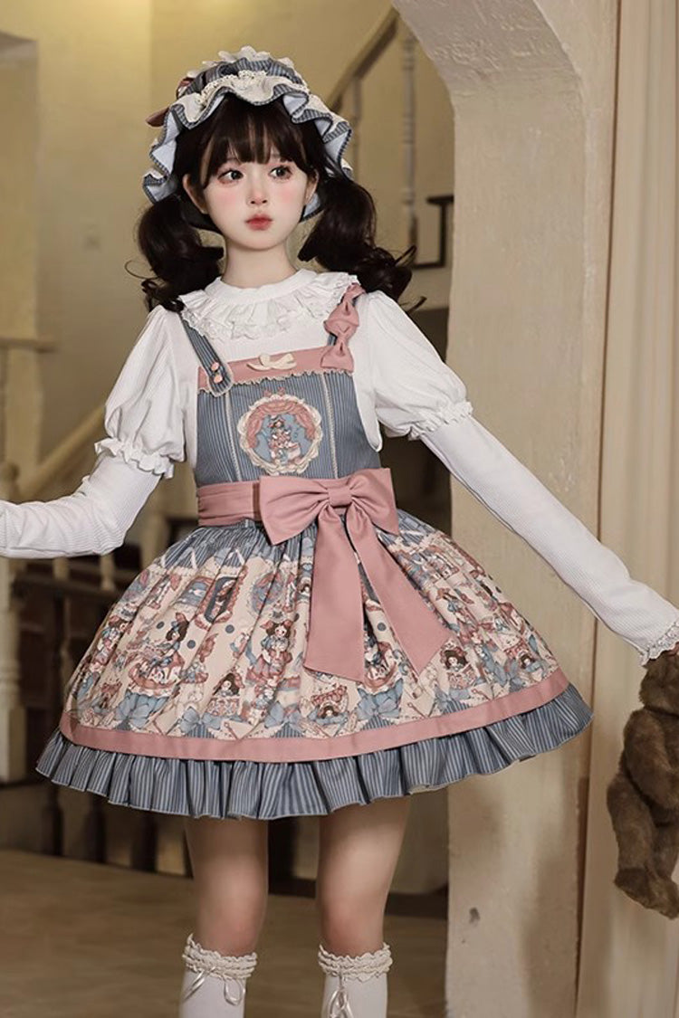 Blue Doll Print Bow Sweet Strap Dress