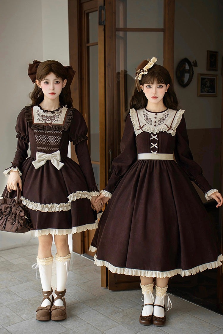Brown Double-Layered Ruffled Bouquet Embroidered Bow Sweet Lolita Dress - Miss Brown