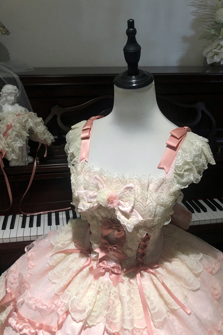 Dreaming Butterfly Pink Multi-Layered Jacquard Ruffle Bowknot Lace Sweet Princess JSK Dress
