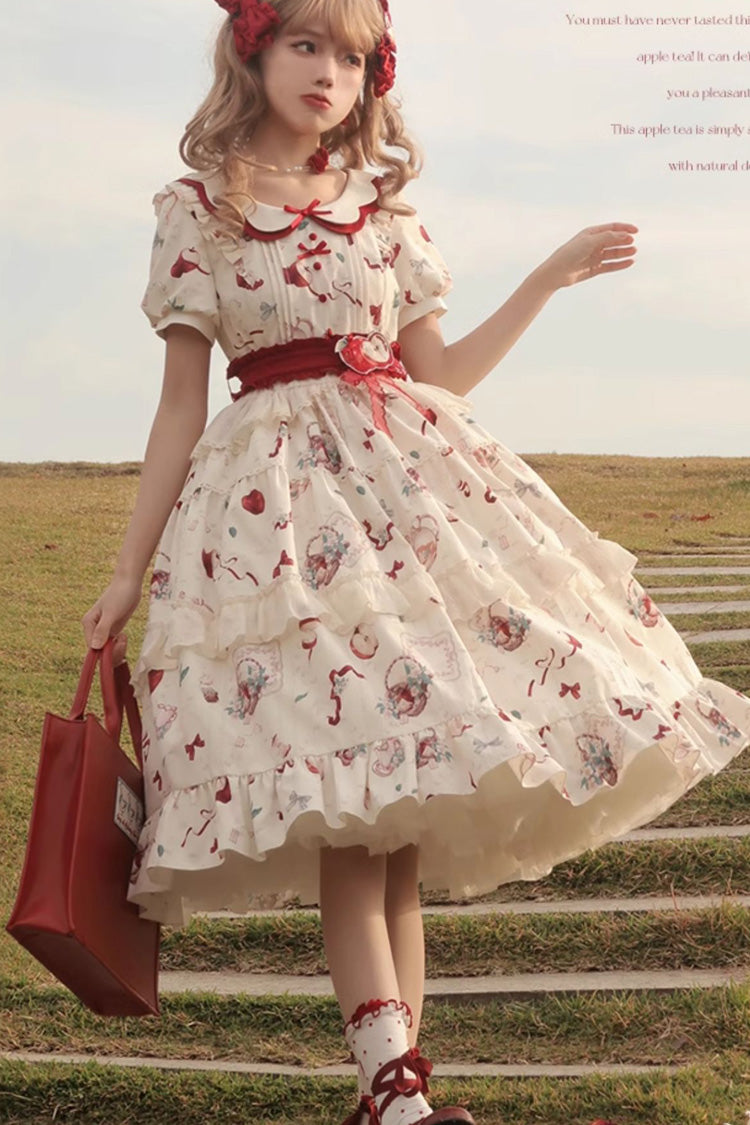 White Apple Tea Printed Country Style Sweet Lolita Dress - Short Sleeved Ruffled