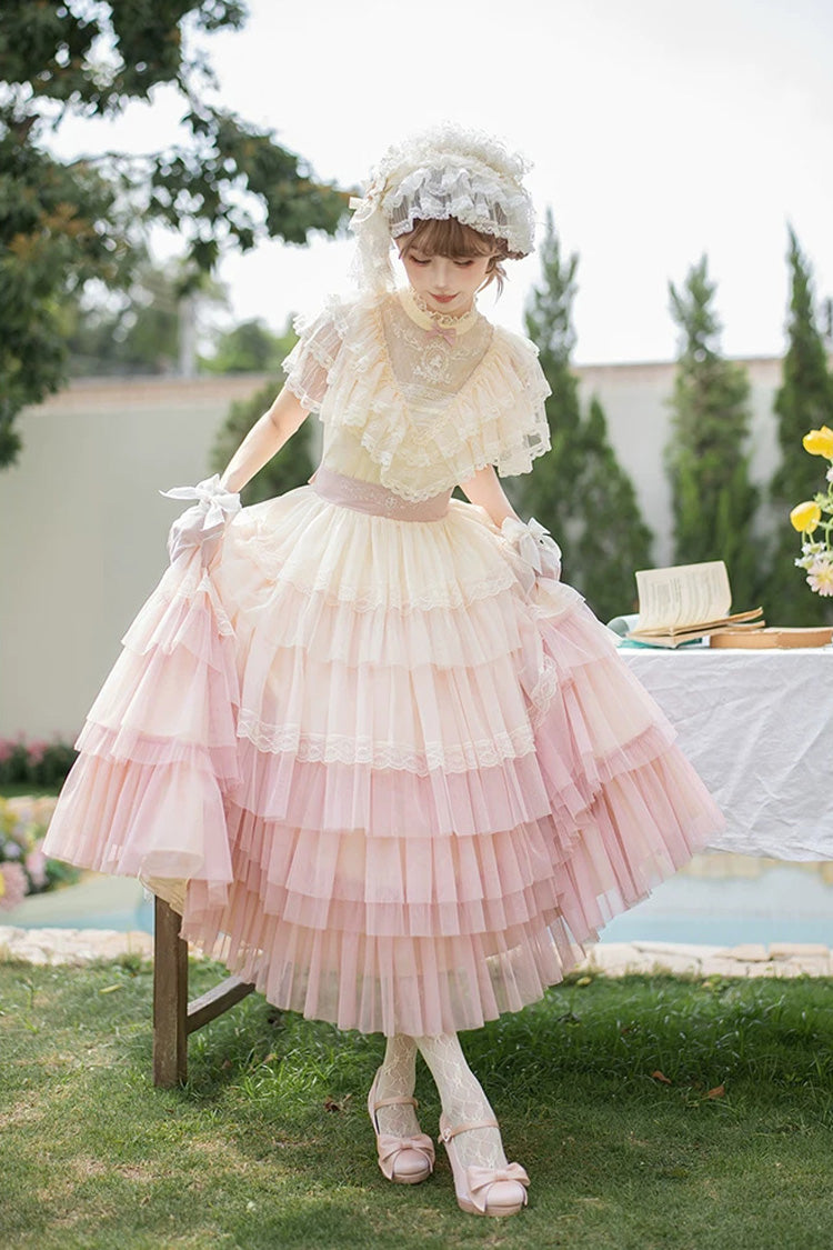 Sweet Lolita Dress with Edwardian Collar and Ombre Ruffles - Pink