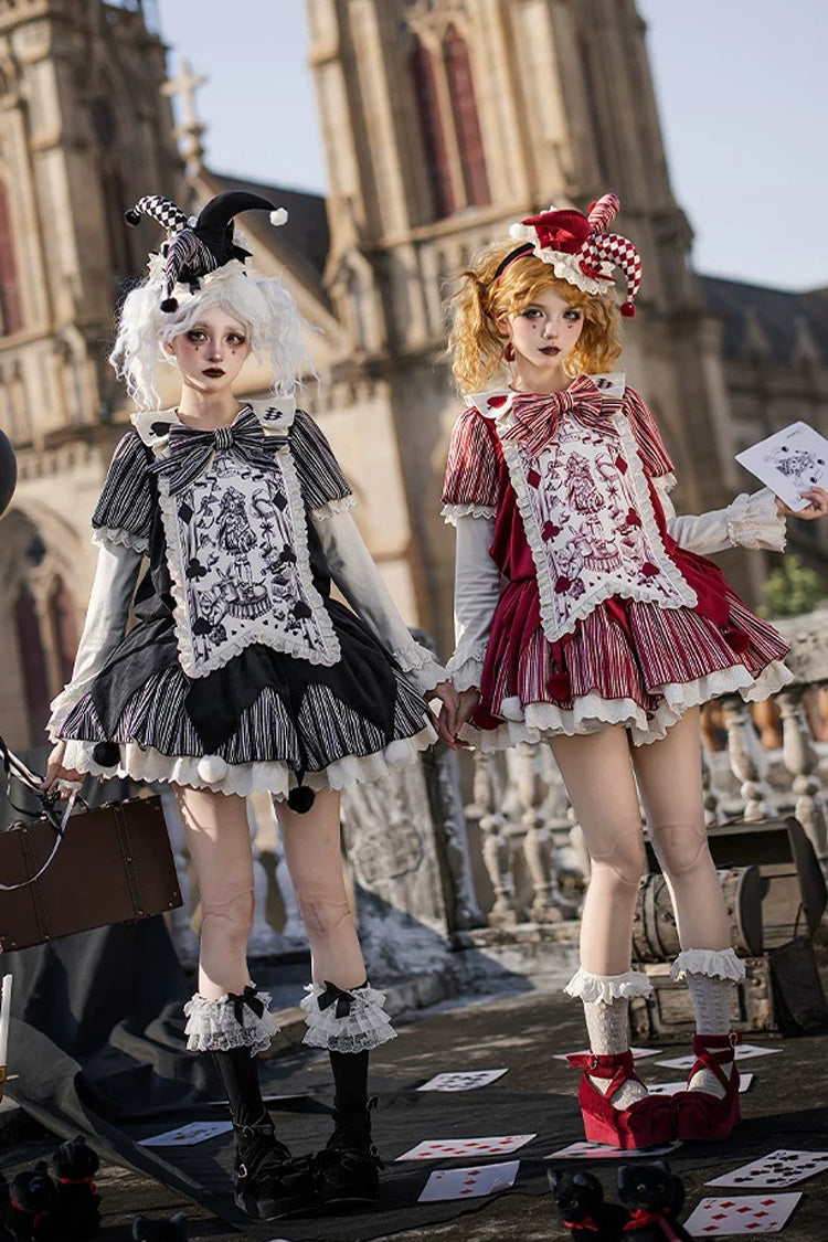 Gothic Lolita Dress Set with Ruffled Bow and Long Sleeves - Red