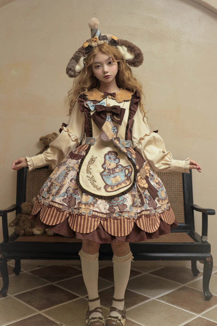 Long Sleeve Print Bow Sweet Dress Set