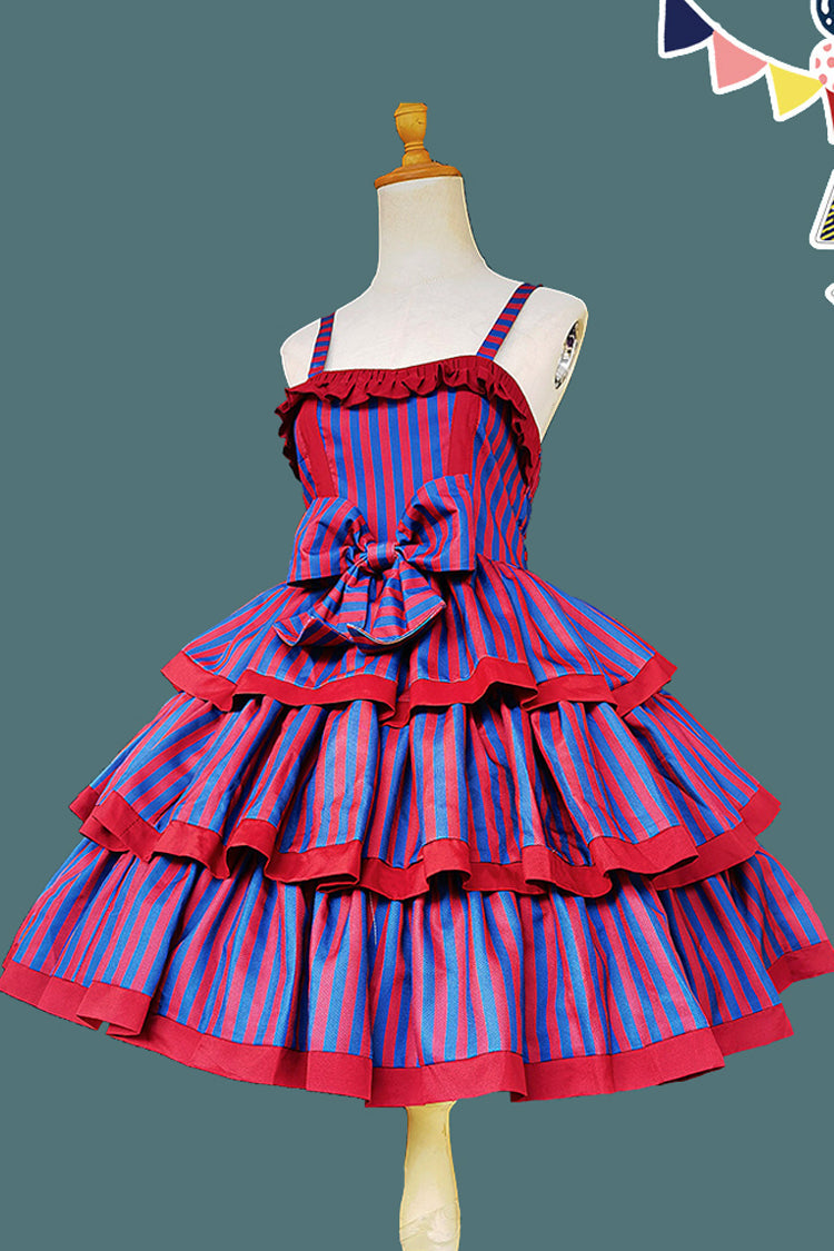 Stripe Triple-Layered Ruffle Bow Sweet Lolita Dress