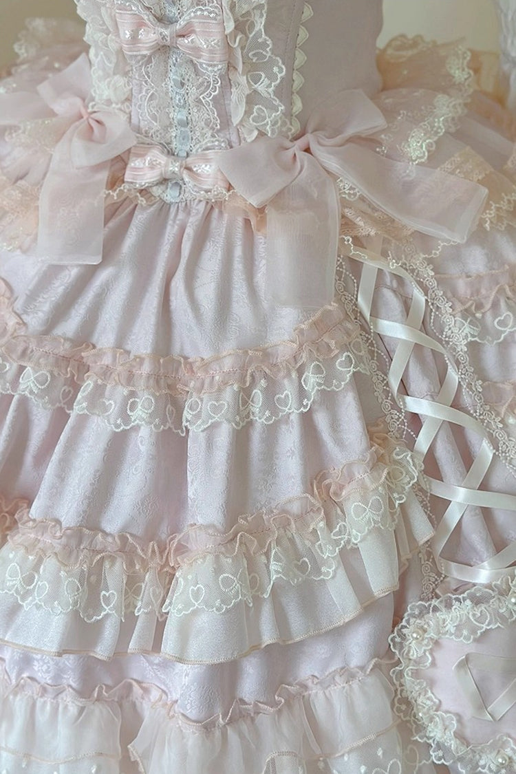 Pink Multi-Layered Ruffled Hanayome Embroidered Bow Lace Sweet JSK - Sweetheart Diary