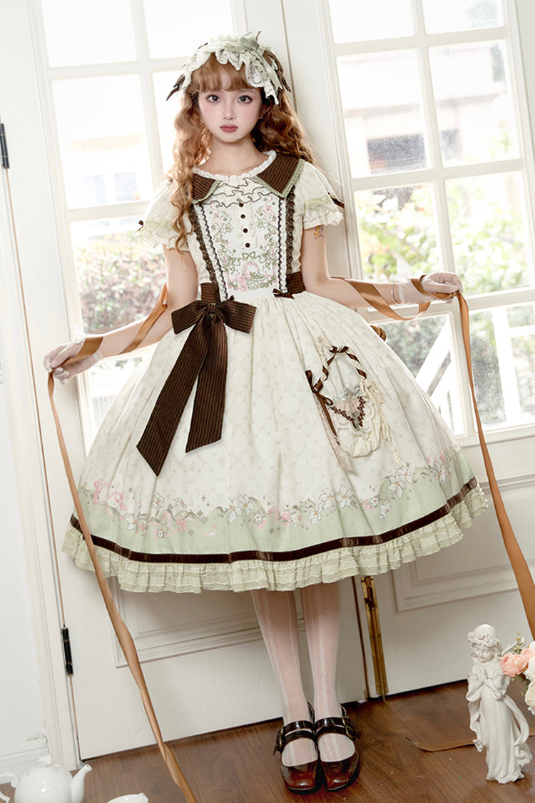 Green Ivory Lily Short Sleeve Print Ruffle Embroidery Bow Lace Sweet Dress