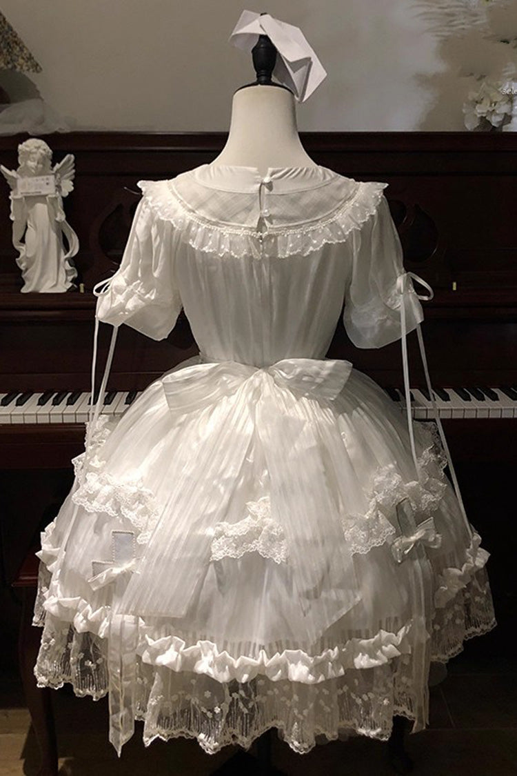 White Short-Sleeved Ruffled Bow Lace Gothic Elegant Lolita Dress