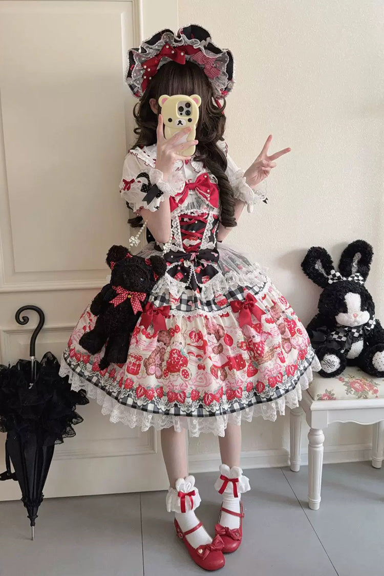 Red/Black Sweet Lolita JSK Dress Printed Bow Lace Lace-Up - Sweet Berry Bunny Bear
