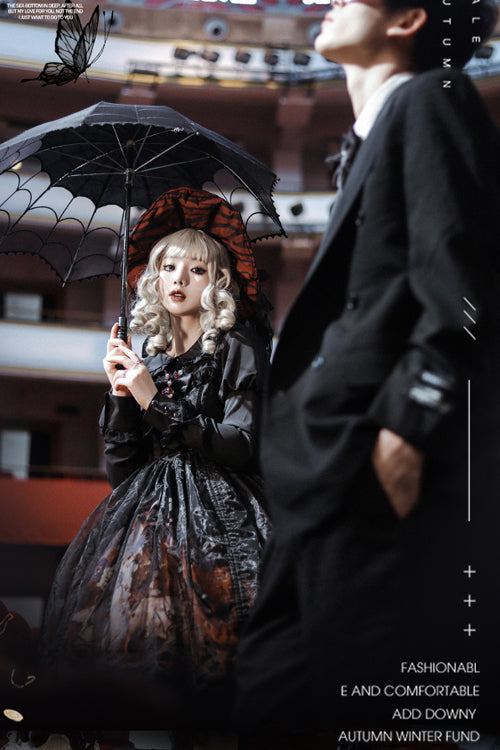 Gothic Lolita High-Waisted Witch Style Black Lace Organza Ruffled JSK Frocks