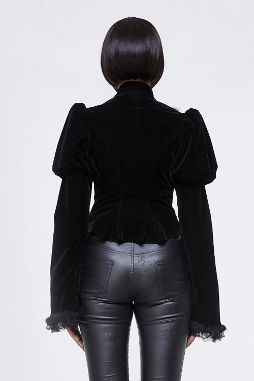 Small Stand Collar Flared Princess Sleeve Black Velveteen Short Womens Gothic Jacket