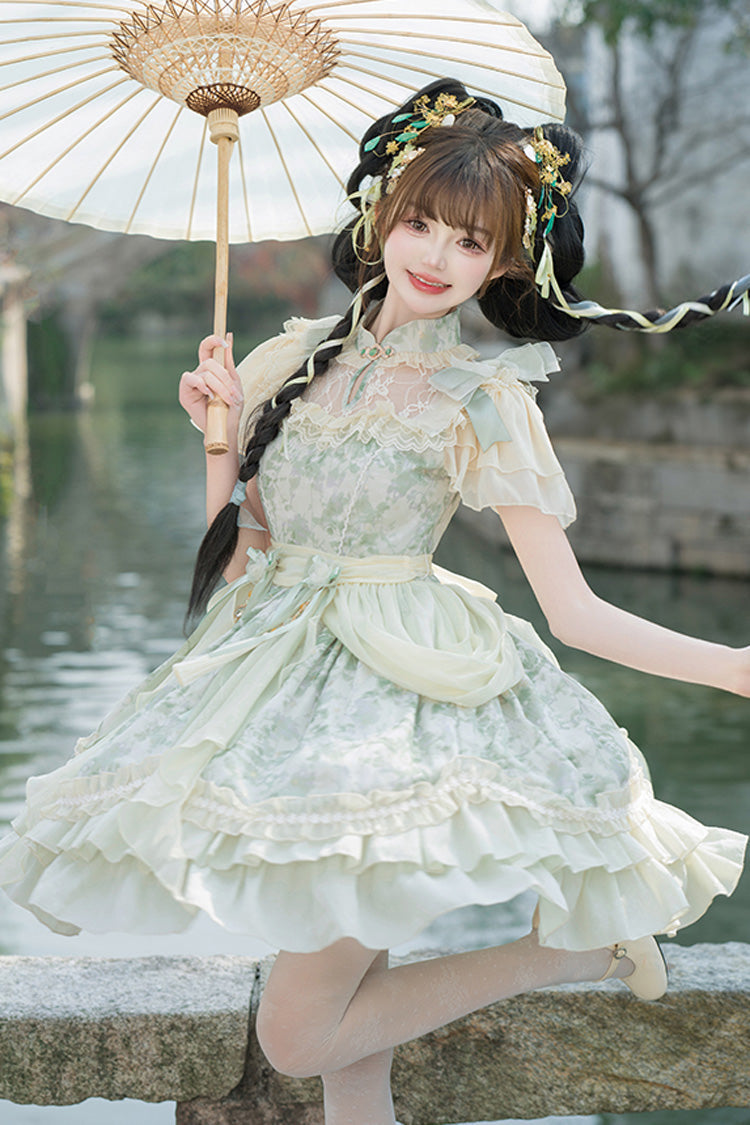 Jade Chiffon Double-Ruffle Bowknot Lace Chinese-Style Lolita Dress