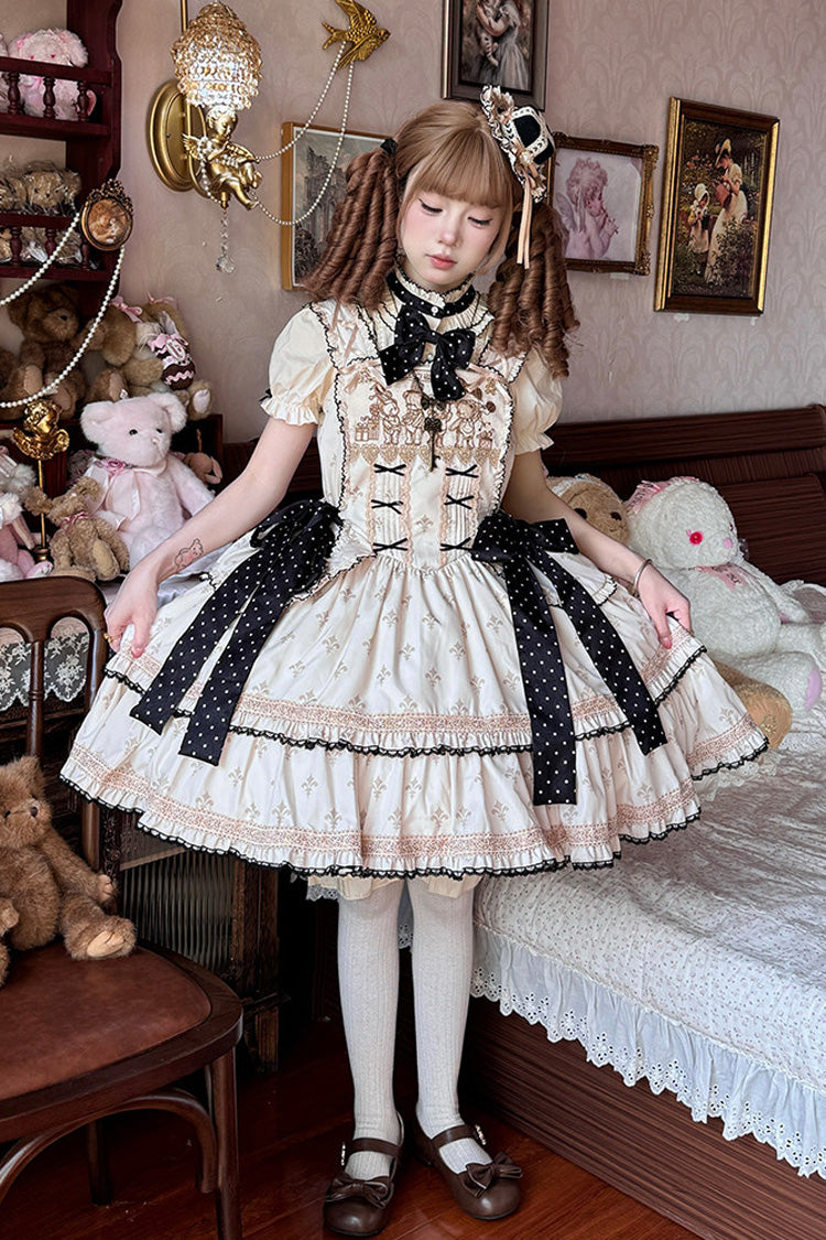 Cream Bear Holiday Sleeveless Double-Layer Embroidery Bow Frilled Sweet Lolita JSK Dress