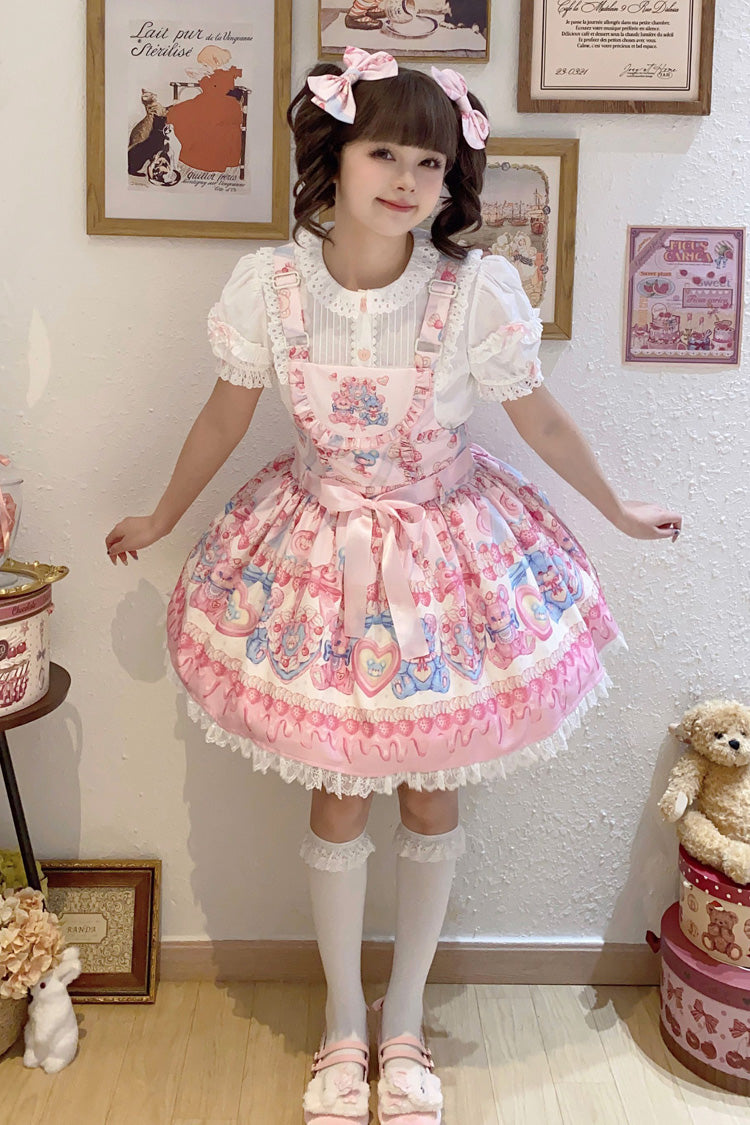 Milky Berry Bear Printed Pink Bow Stitching Lace Sweet Lolita Strap Dress - Miss Brown