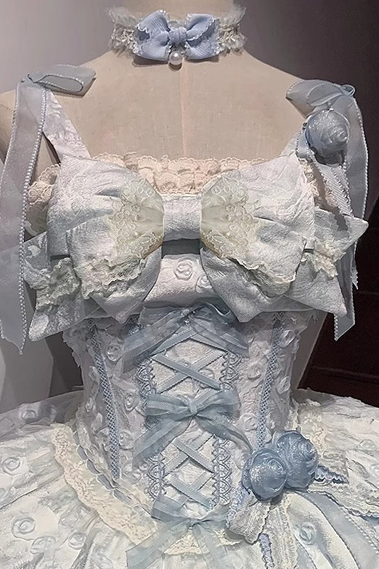 Blue Double-Layered Ruffled Embroidered Bow Lace Sweet JSK - Floral Overture