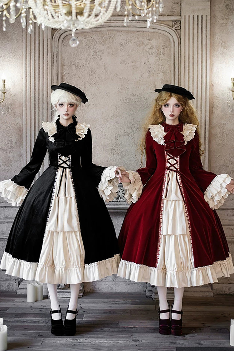 Gothic Lolita Dress with Ruffled Open-Front Bow and Lace-Up - Red
