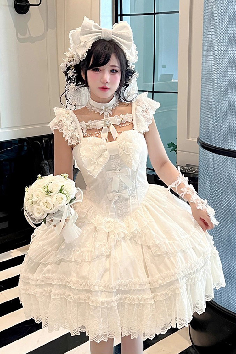 Ivory Halter Ruffle Bridal Bow Lace Gothic Dress