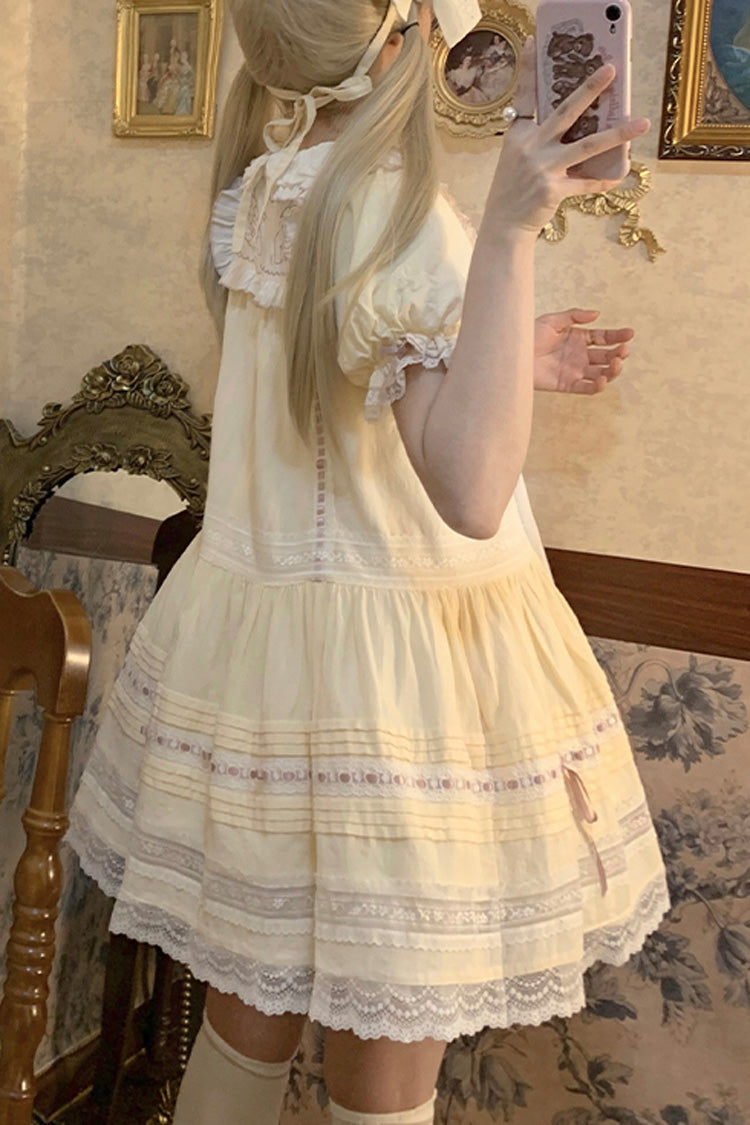 Angel Print Lace Dress with Doll Collar and Bowknot