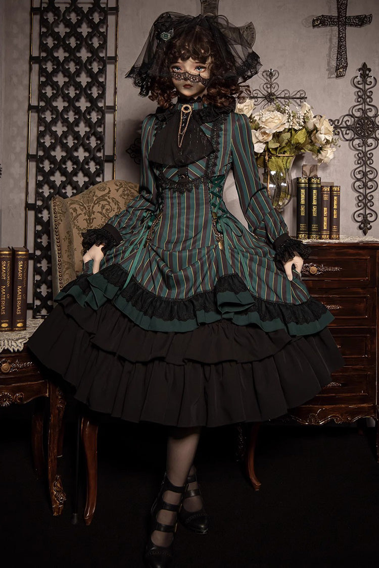 Point Manor Stand Collar Long Sleeves Multi Layer Striped Printed Ruffle Gothic Lolita Dress