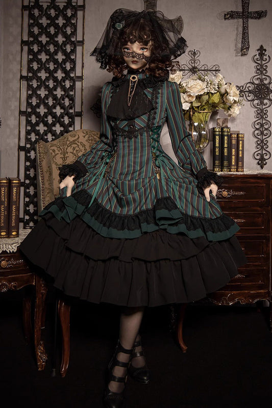 Point Manor Stand Collar Long Sleeves Multi Layer Striped Printed Ruffle Gothic Lolita Dress