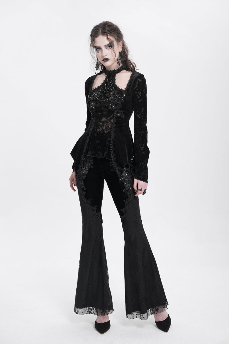 Graceful Black Jacquard Embroidered Trumpet Sleeve Halter Gothic Blouse