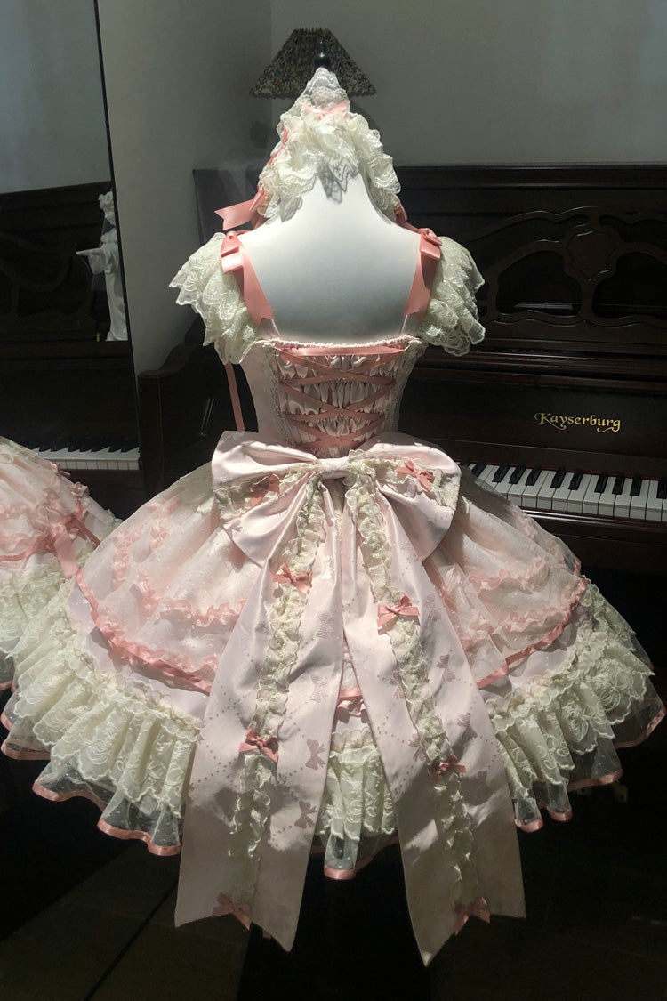 Dreaming Butterfly Pink Multi-Layered Jacquard Ruffle Bowknot Lace Sweet Princess JSK Dress