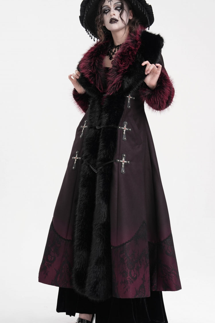 Noir & Scarlet Cross-Laced Lace Gothic Long Coat