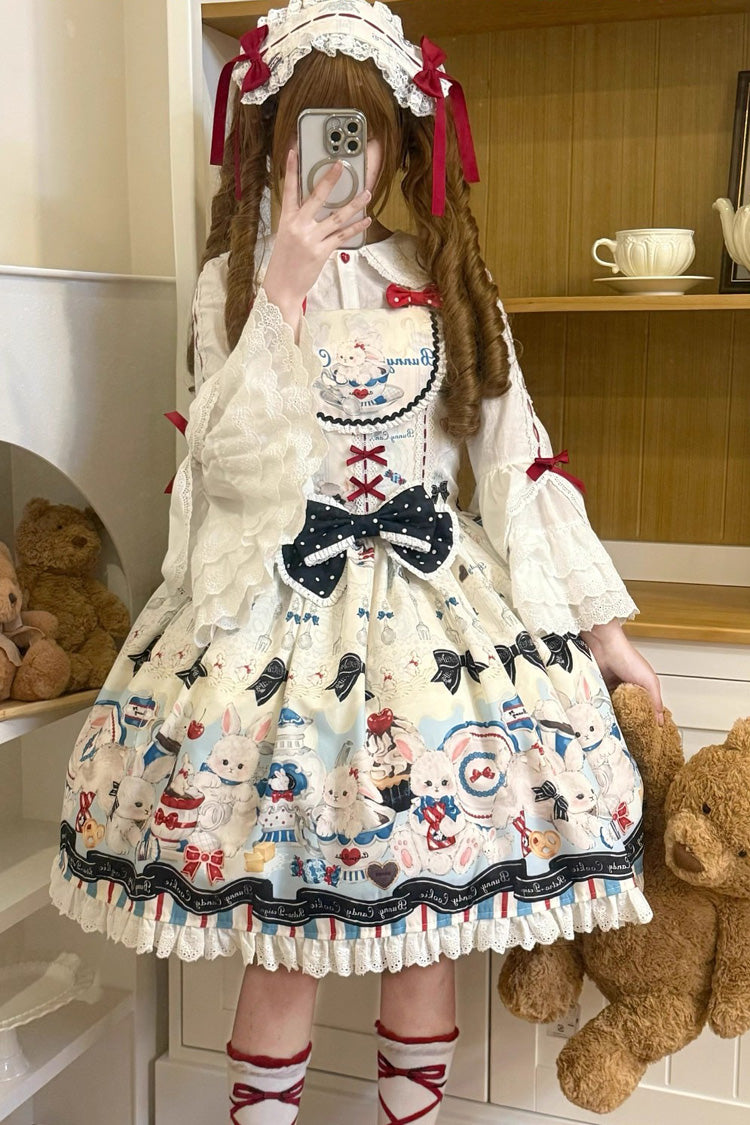 Sleeveless Print Ruffle Bowknot Lace Sweet Lolita Jsk Dress Beige