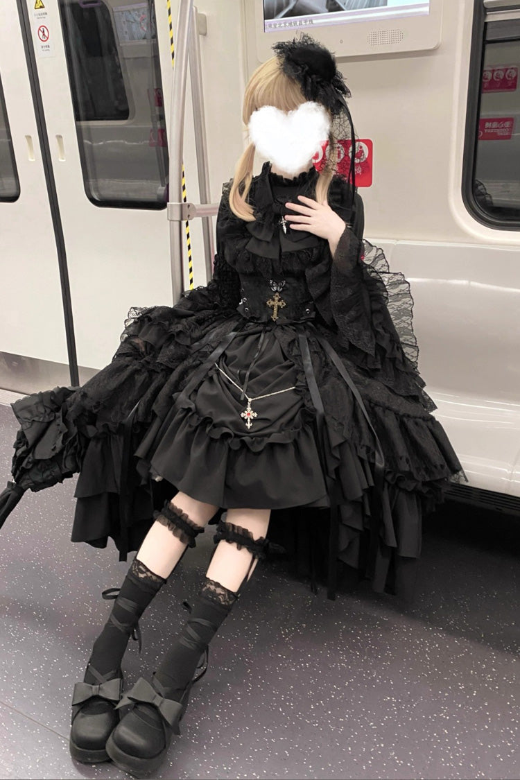 Black Eternal Taboo Long Hime Sleeves Ruffled Bow Gothic Skirt Dress Set
