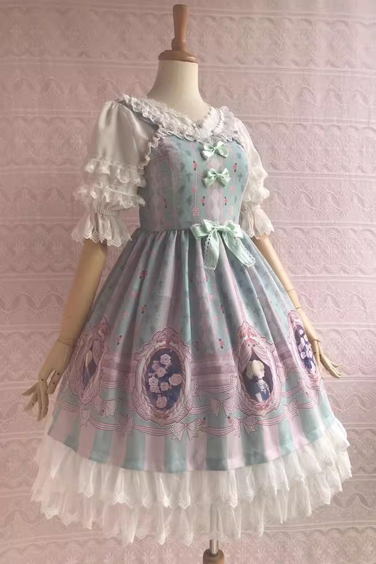 Rose Dream Print JSK Dress with Ruffle and Bow, Sweet Lolita