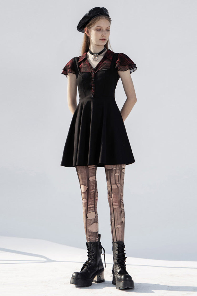 V-Neck Ruffled Short-Sleeved Check Chiffon Waisted Skull Stud Punk Dress - Black/Red