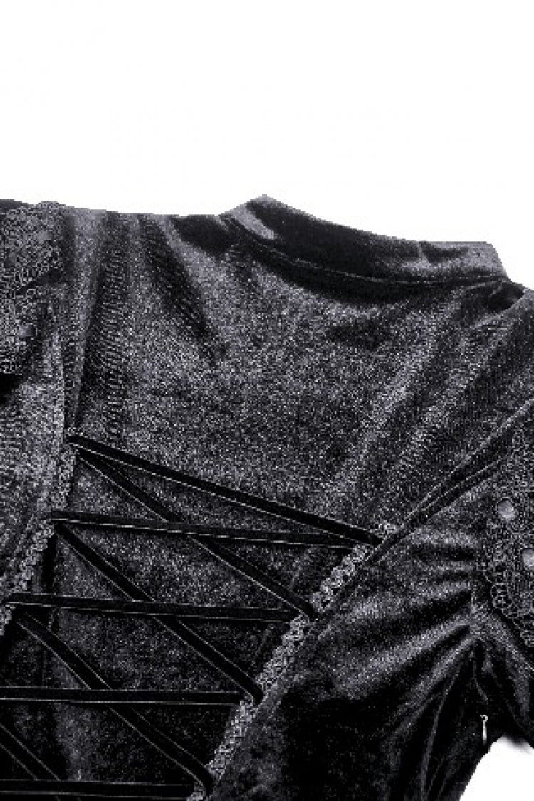Jet-Black Gothic Evening Dress with Cutout Lace and Velvet Corset