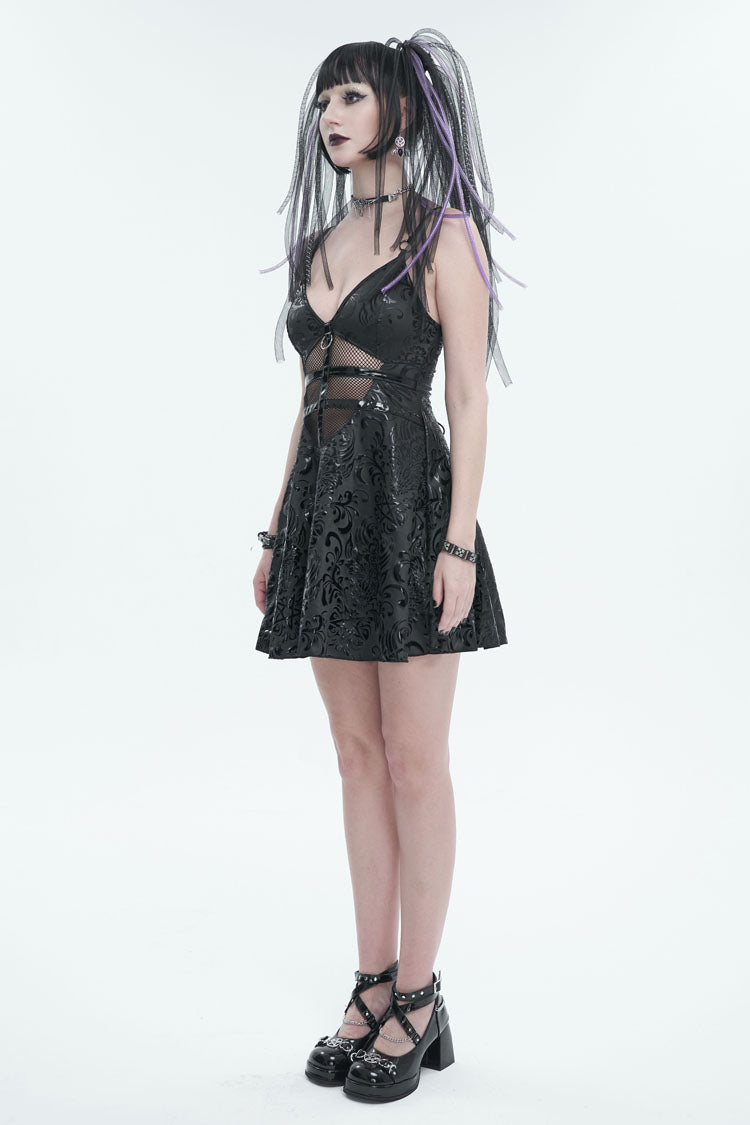 Occult Embossed Panel Mesh Cutout Gothic Evening Dress