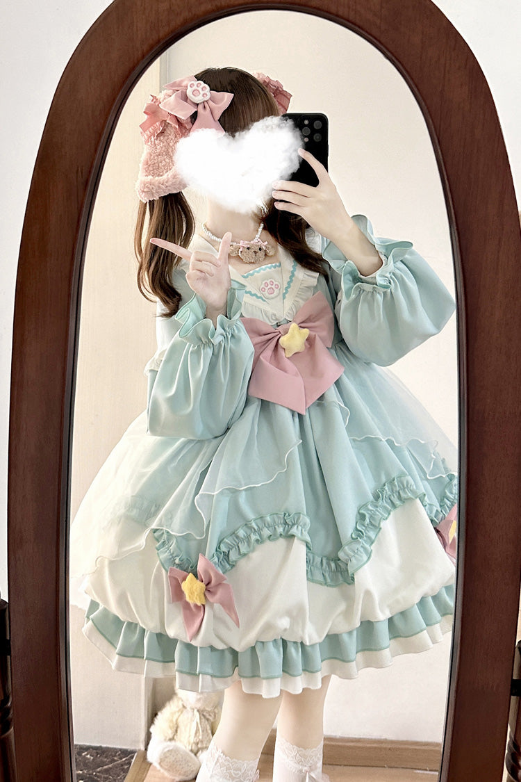 Pray Star Sweet Lolita Dress with Double Ruffles and Stitching