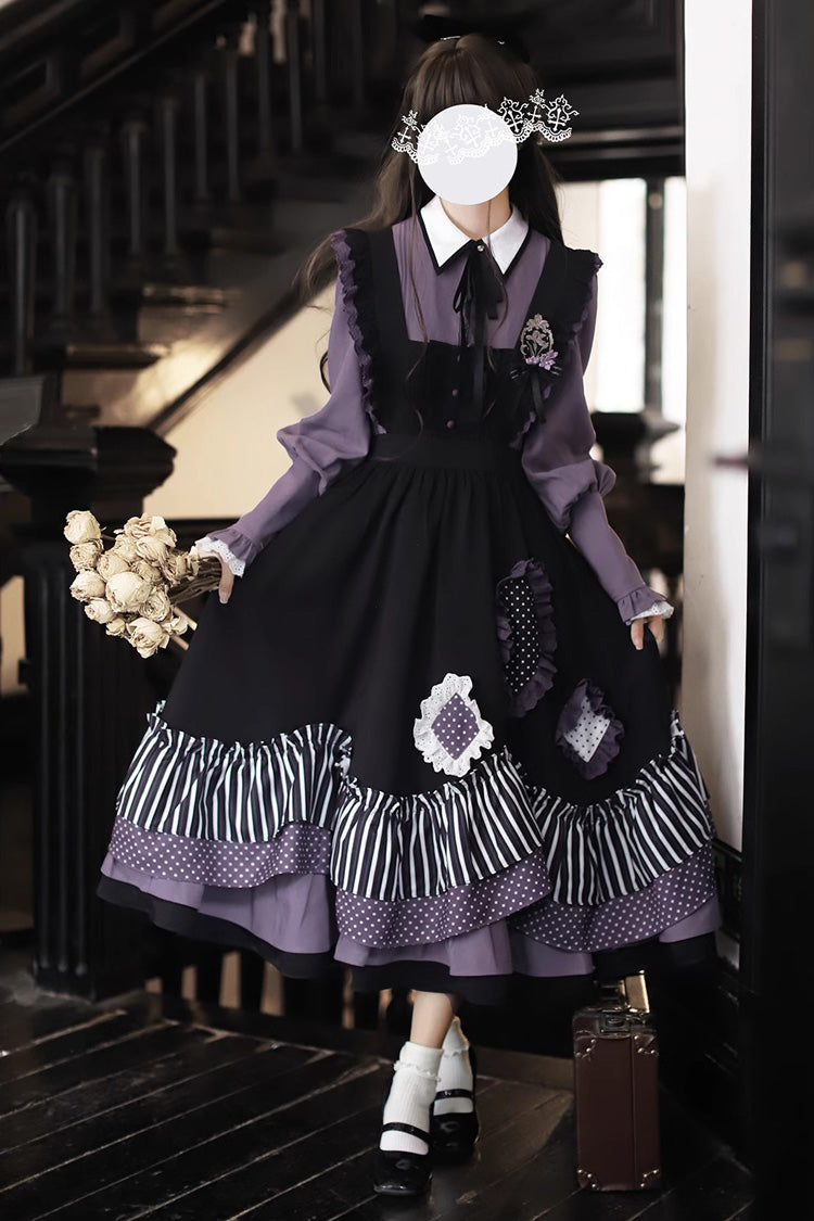 Black Stripe Print Bow Asymmetric Sweet Jumper - Witch Academy