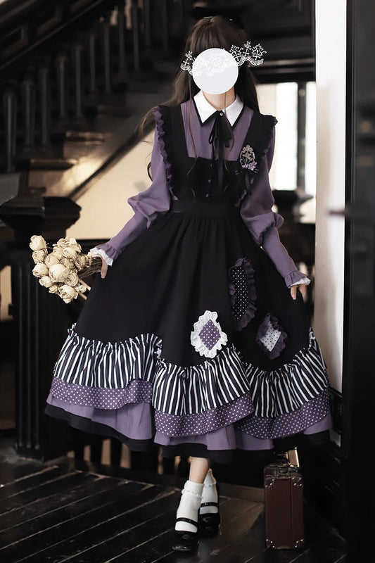 Black Stripe Print Bow Asymmetric Sweet Jumper - Witch Academy