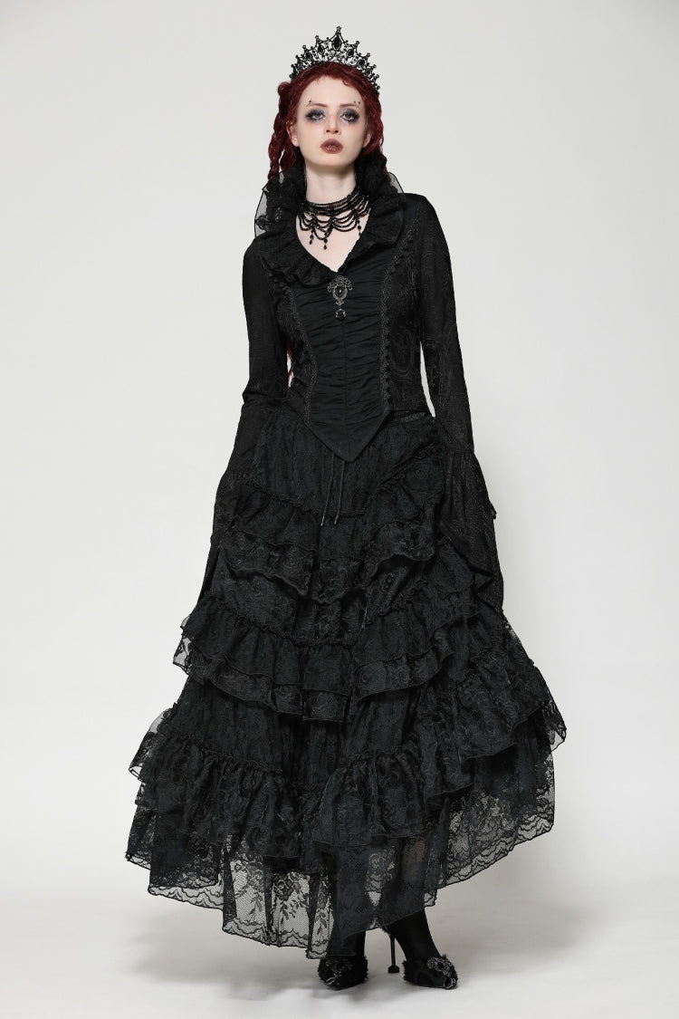 Ruffled V Stand Collar Long Flared Sleeve Jacquard Gothic Blouse for Women Lace