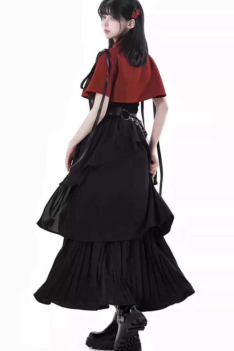 Moonlight Flowing Ruffled Asymmetric Gothic Jirai Kei Skirt Set - Red/Black