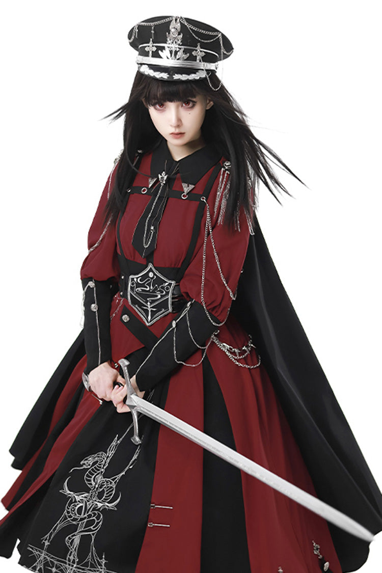 Red Black Metal Chain Print Bow Gothic Military Elegant Lolita Dress