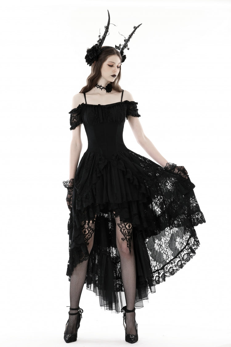 Black Boat Neck Off-Shoulder Short Puff Sleeve Ruffled Lace Lace-Up Irregular Gothic Dress