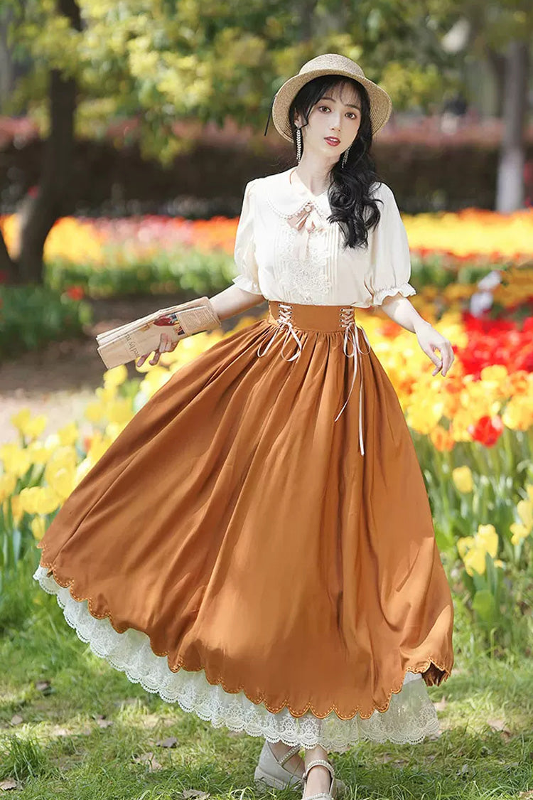 Lapel Collar Short-Sleeve High-Waisted Lace-Up Wave Hem Lolita Two-Piece Set, 7 Colors