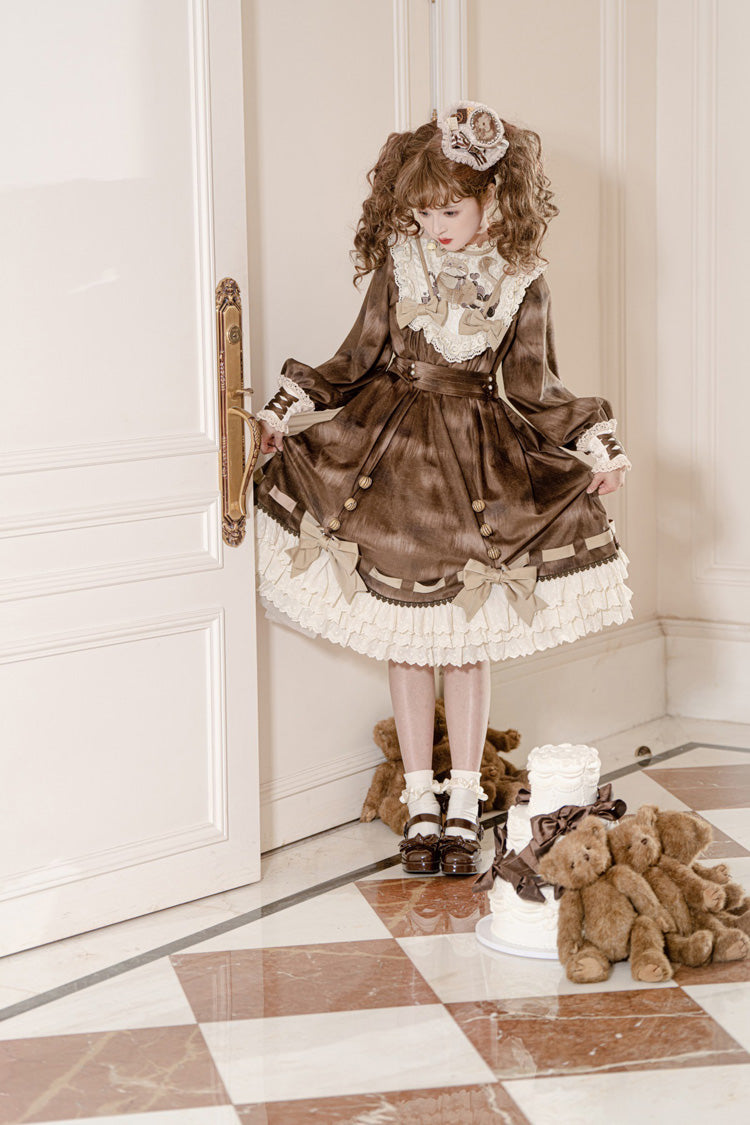 Chocolate Cat Print Long Sleeve Ruffle Bow Sweet Dress