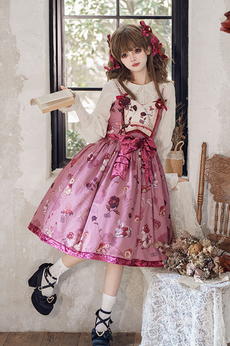 Sleeveless Rabbit Sunflower Print Ruffle Embroidery Bow Sweet JSK Dress Long in Red