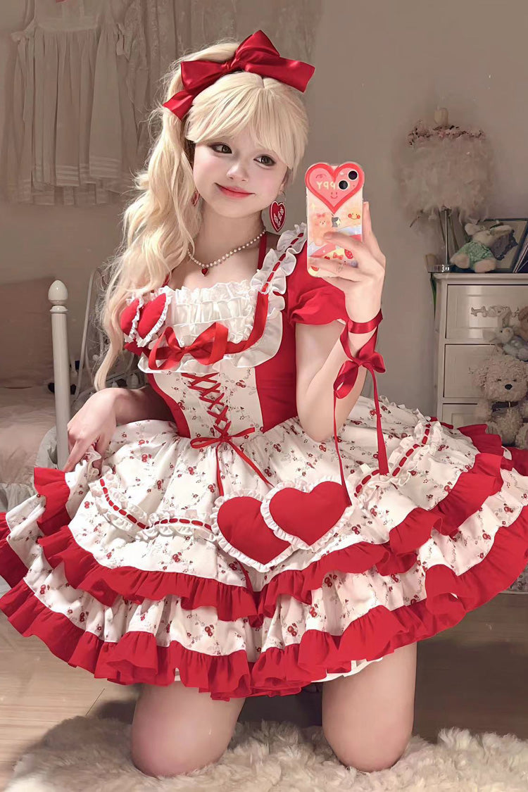 Red Double-Layered Floral Print Ruffled Bowknot Sweet Dress