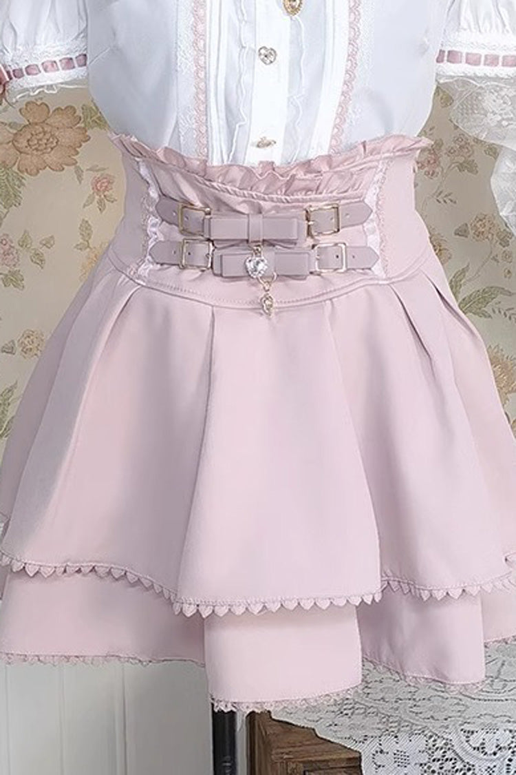 Blush & White Lapel Collar Short-Sleeve Double Ruffled Bow Sweet Jirai Kei Set